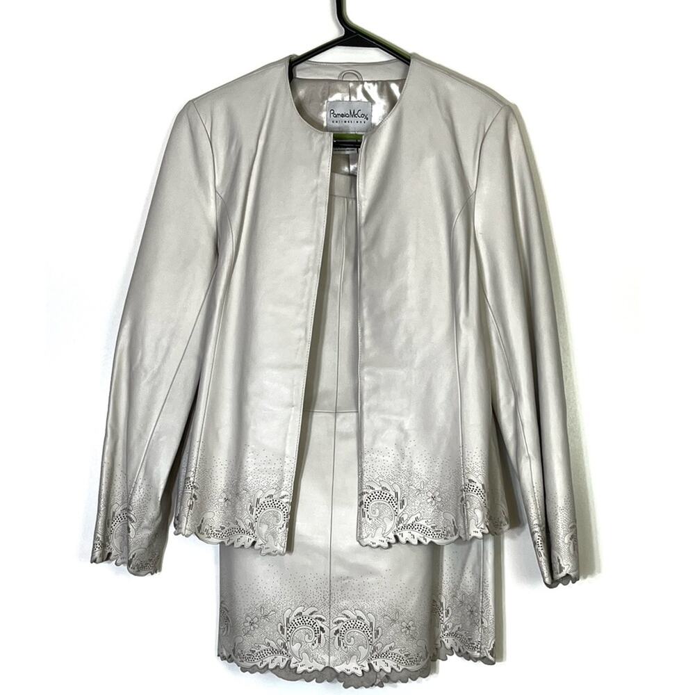 Pamela McCoy Cream Perforated Leather Jacket and Skirt Set Size 8 EUC